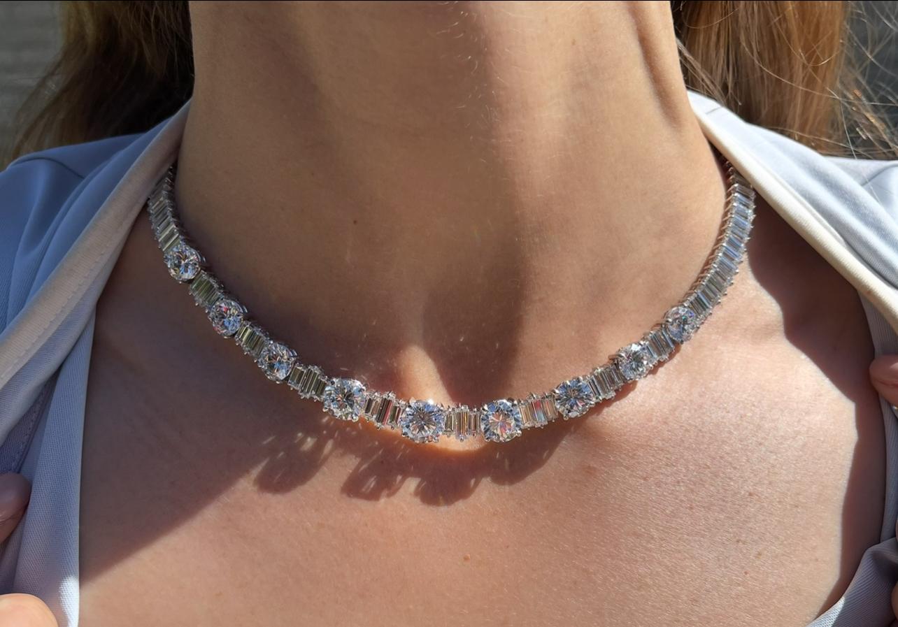 Important 63.65ct Baguette and Round Diamond Platinum Necklace Ranging D-H Color