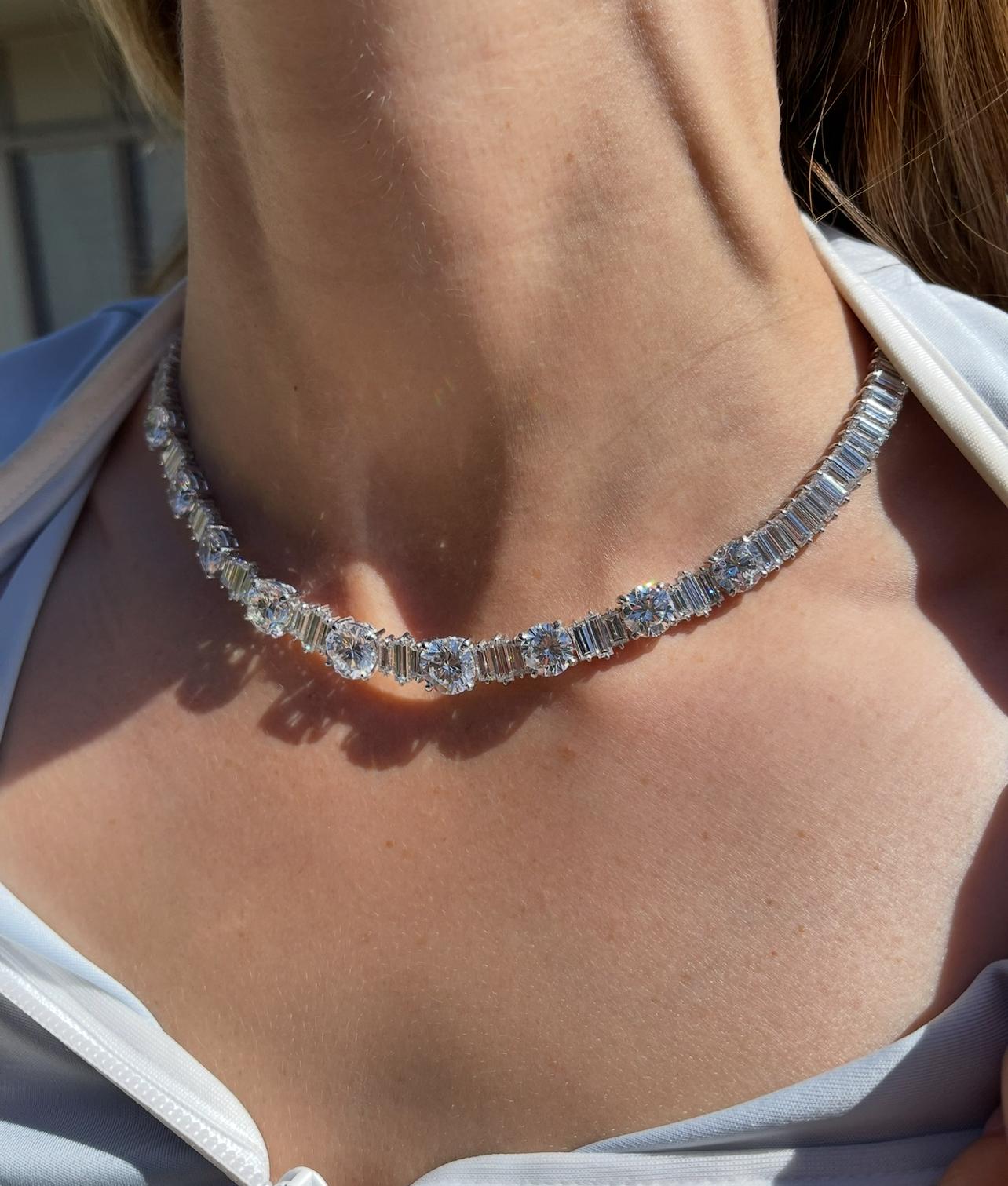 Important 63.65ct Baguette and Round Diamond Platinum Necklace Ranging D-H Color