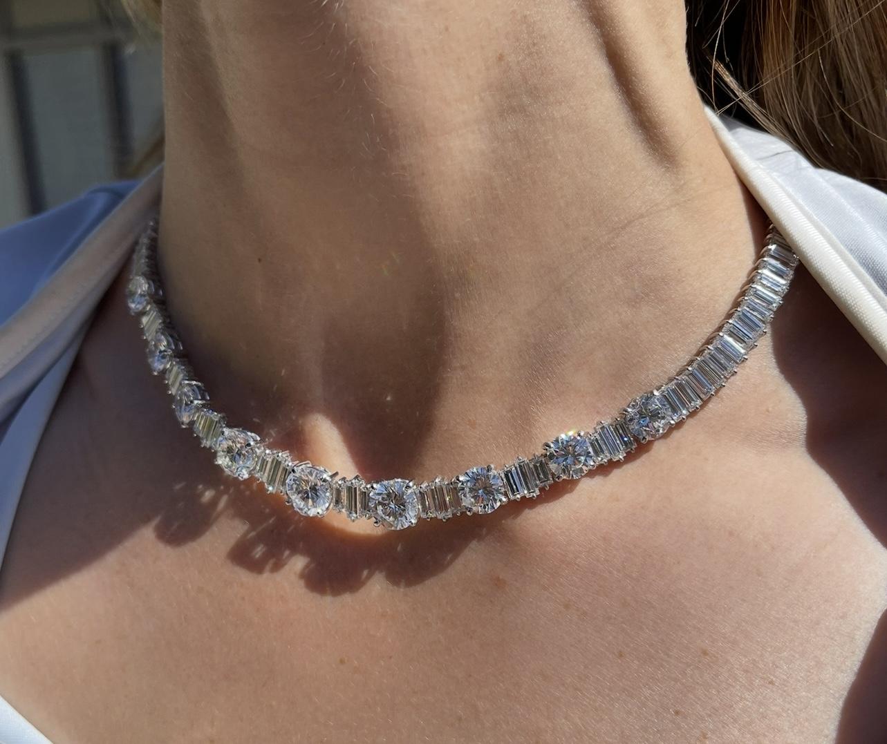 Important 63.65ct Baguette and Round Diamond Platinum Necklace Ranging D-H Color
