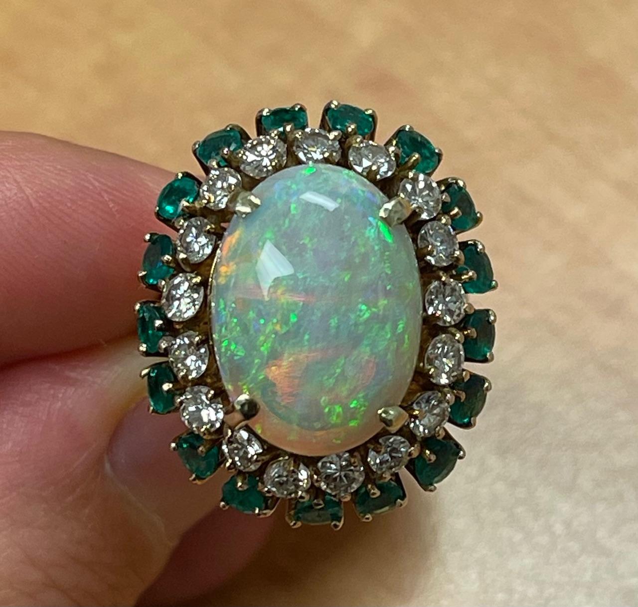 7.50ct Australian Opal 1.90ct Diamond 1.60ct Emerald 14KY Ring (Vintage 1960s)