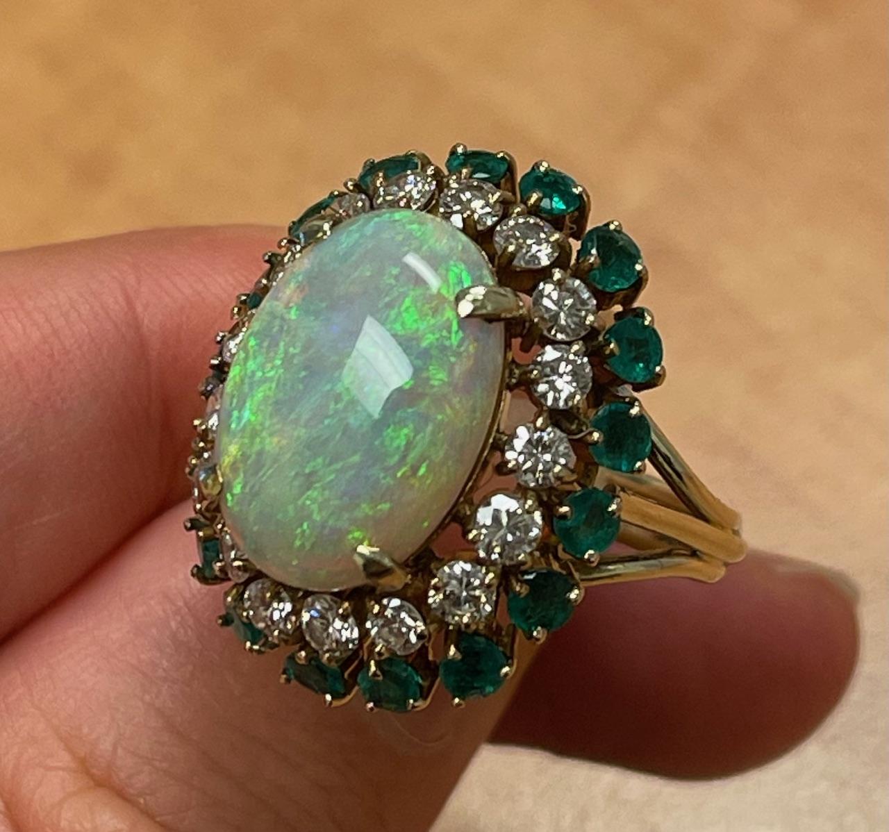 7.50ct Australian Opal 1.90ct Diamond 1.60ct Emerald 14KY Ring (Vintage 1960s)