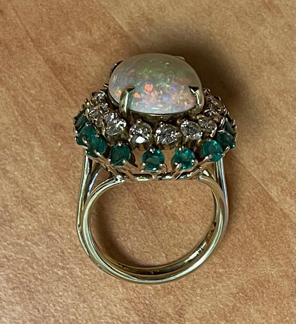 7.50ct Australian Opal 1.90ct Diamond 1.60ct Emerald 14KY Ring (Vintage 1960s)