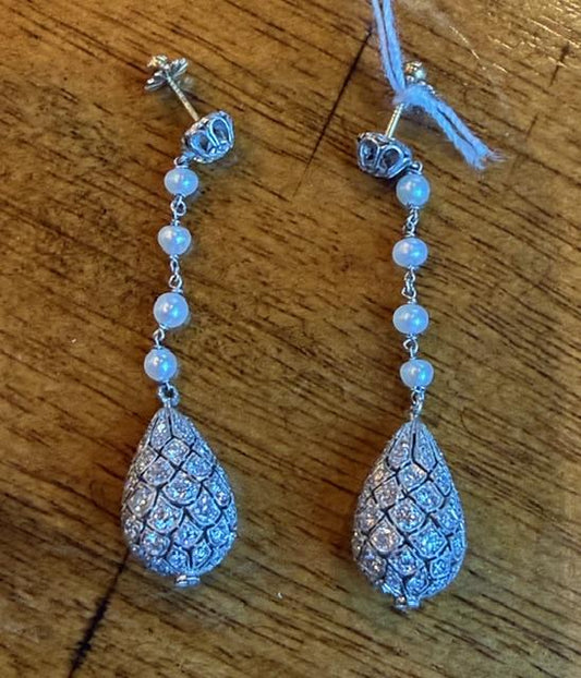 1.80ct Diamond Platinum Drop Earrings Pearls 7.68g 2"