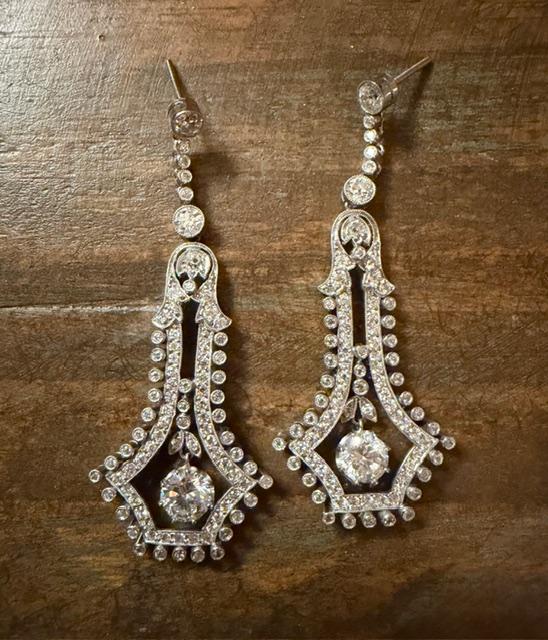 1.60ct (Two Round Diamonds) PT Handmade Drop Earrings 3.50ct SD 12.15g 2.25"
