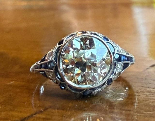 2.44ct J-K SI3 Old European Cut Diamond PT Handmade Ring 1.60ct Calibre Sapphire