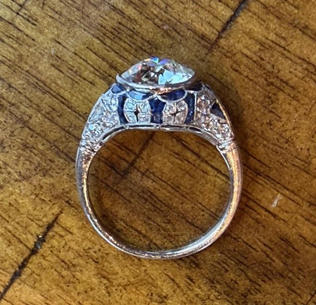 2.44ct J-K SI3 Old European Cut Diamond PT Handmade Ring 1.60ct Calibre Sapphire