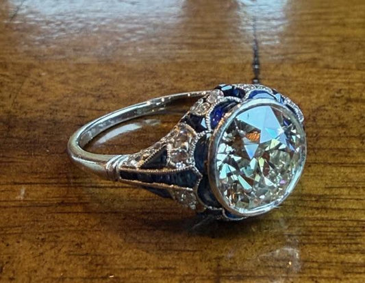 2.44ct J-K SI3 Old European Cut Diamond PT Handmade Ring 1.60ct Calibre Sapphire