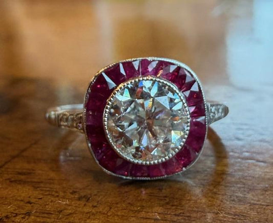 1.52ct H-I SI Round Diamond Handmade Platinum Ring 1.40ct French-cut Ruby