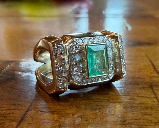 Retro 1ct Emerald 1.20ct Single-cut Diamond 18KY Ring (Vintage 1940s)