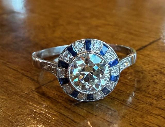 .87ct H-I VS Diamond European Cut & 0.74ctw Sapphire PT 2.80gr Ring