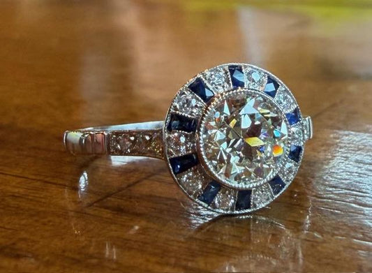 .87ct H-I VS Diamond European Cut & 0.74ctw Sapphire PT 2.80gr Ring