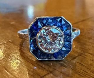 .80ct (H-I SI1) Round Diamond 2.20ct French-cut Sapphires Platinum Handmade Ring