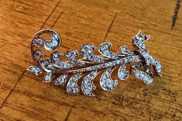 Original Victorian 3ct (102 Rose-cut Diamonds) 14KY Plume Brooch (Antique 1860s)