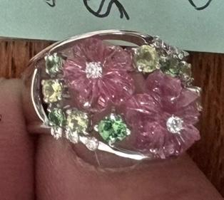 2.57ct Carved Pink Tourmaline .10ct Diamond 18KW Ring 1ct Side Tourmaline