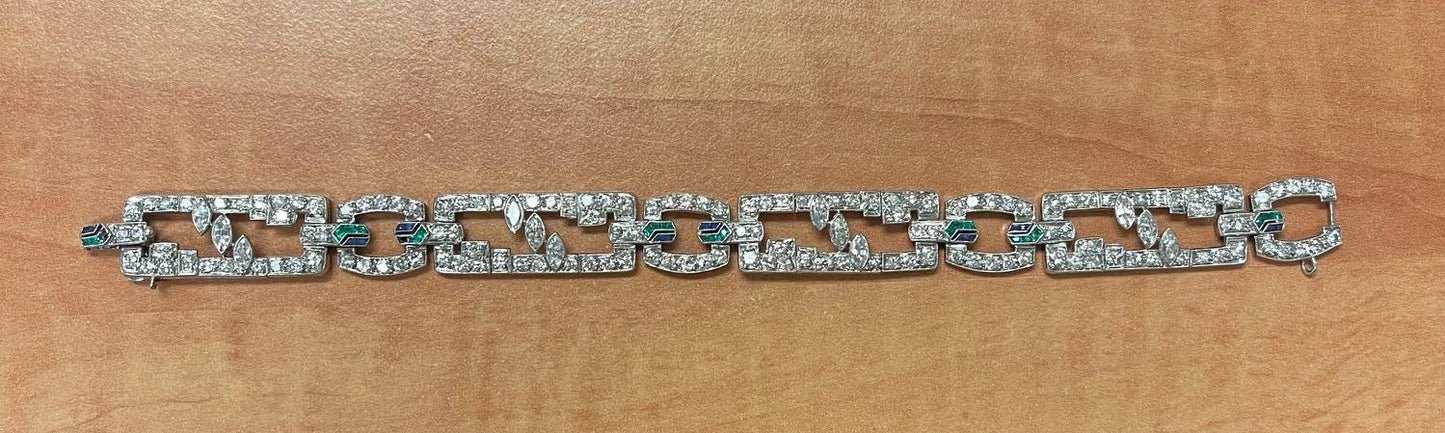Art Deco 8ct Diamond Sapphire + Emerald Platinum Bracelet 29g 7.25"