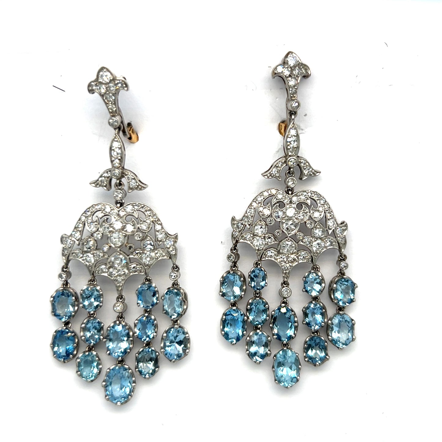 12ct Aquamarine 2.70ct Diamond Platinum+18KY Handmade Chandelier Earrings 2.70ct