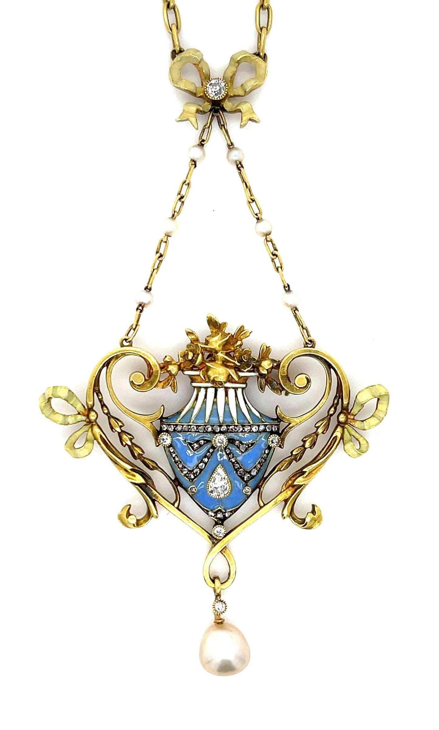 Lucien Gautrait Art Nouveau Plique A Jour Natural Pearl Enamel Diamond Pendant