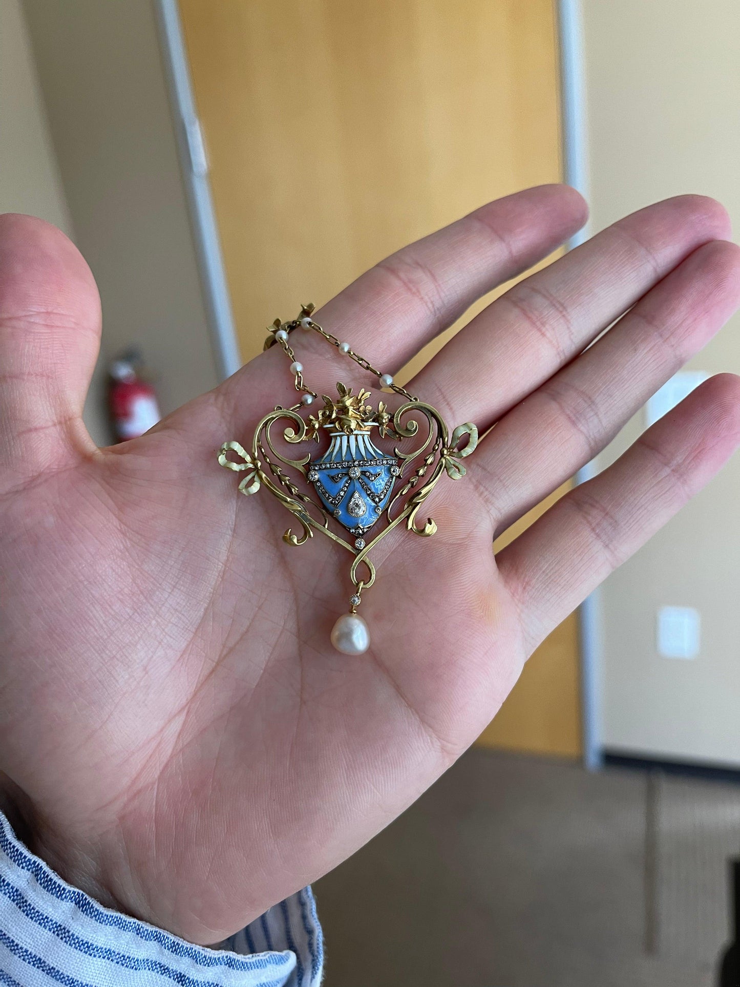 Lucien Gautrait Art Nouveau Plique A Jour Natural Pearl Enamel Diamond Pendant