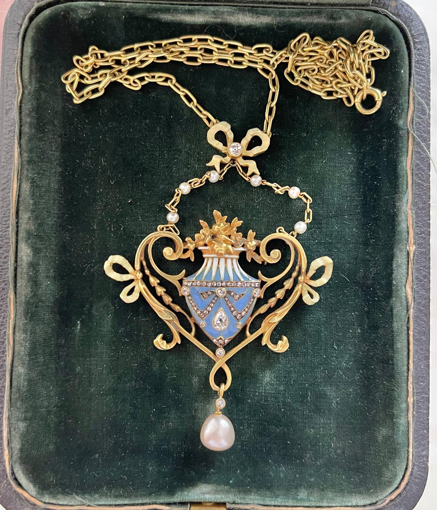 Lucien Gautrait Art Nouveau Plique A Jour Natural Pearl Enamel Diamond Pendant