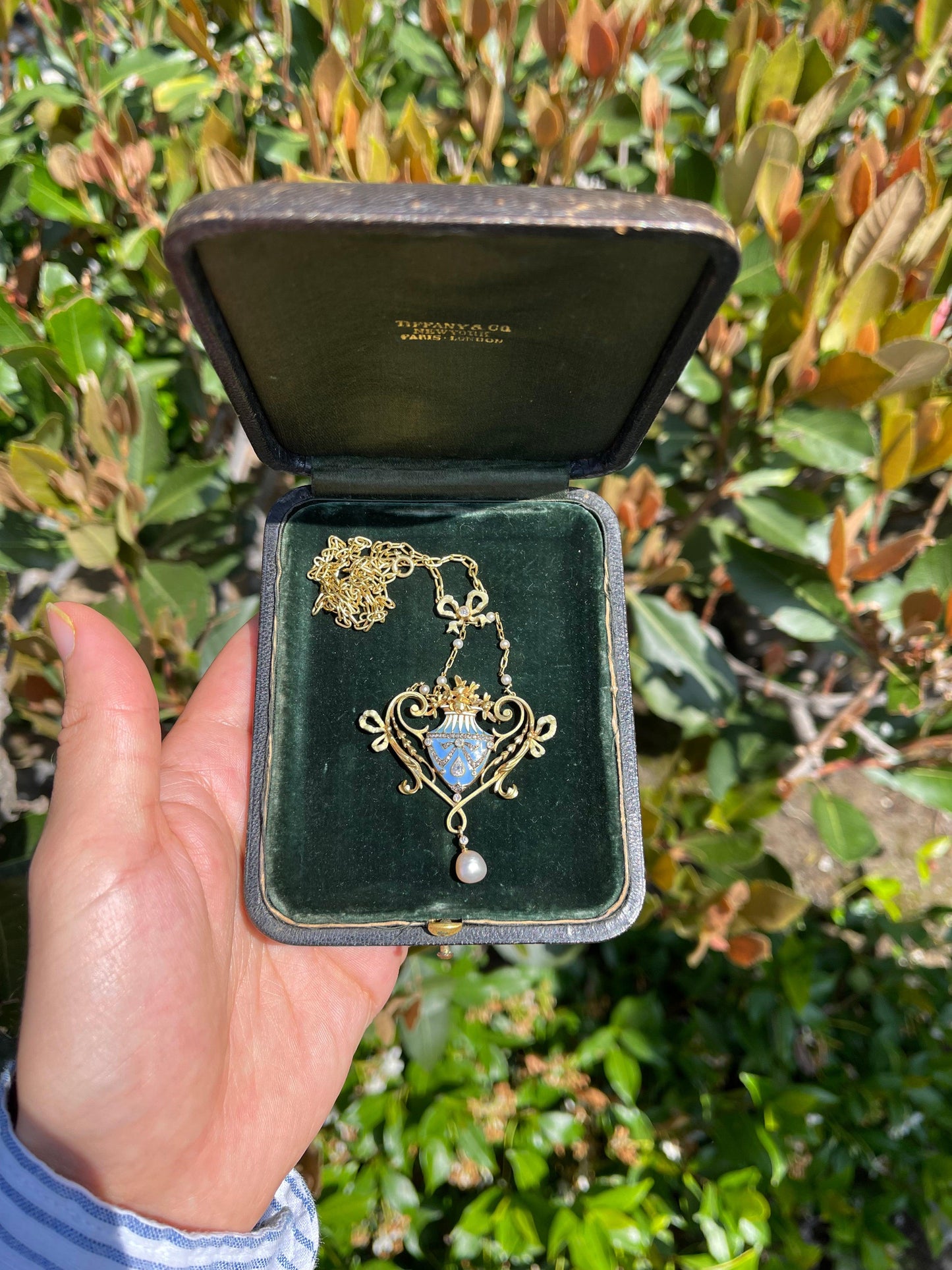Lucien Gautrait Art Nouveau Plique A Jour Natural Pearl Enamel Diamond Pendant