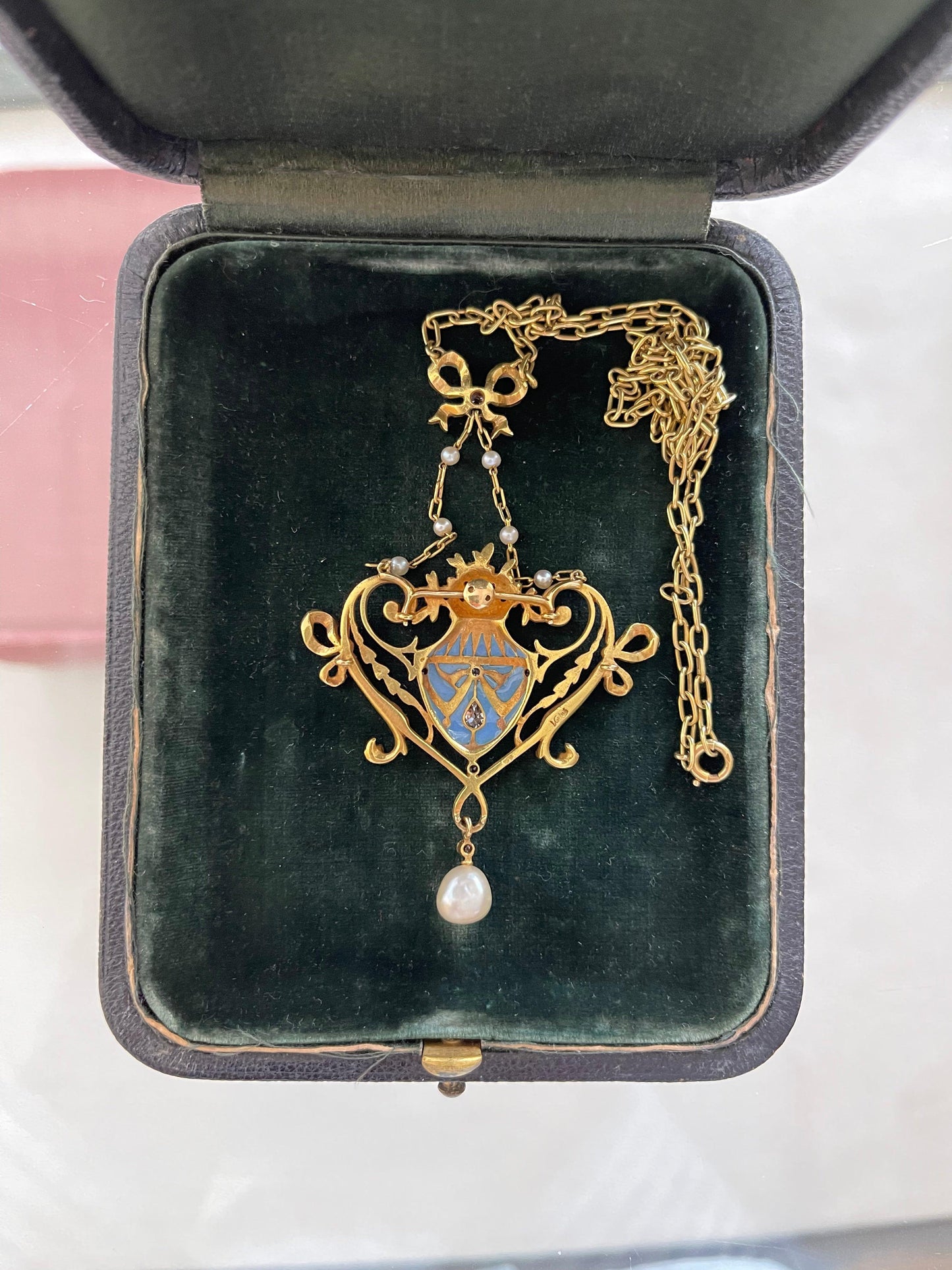 Lucien Gautrait Art Nouveau Plique A Jour Natural Pearl Enamel Diamond Pendant