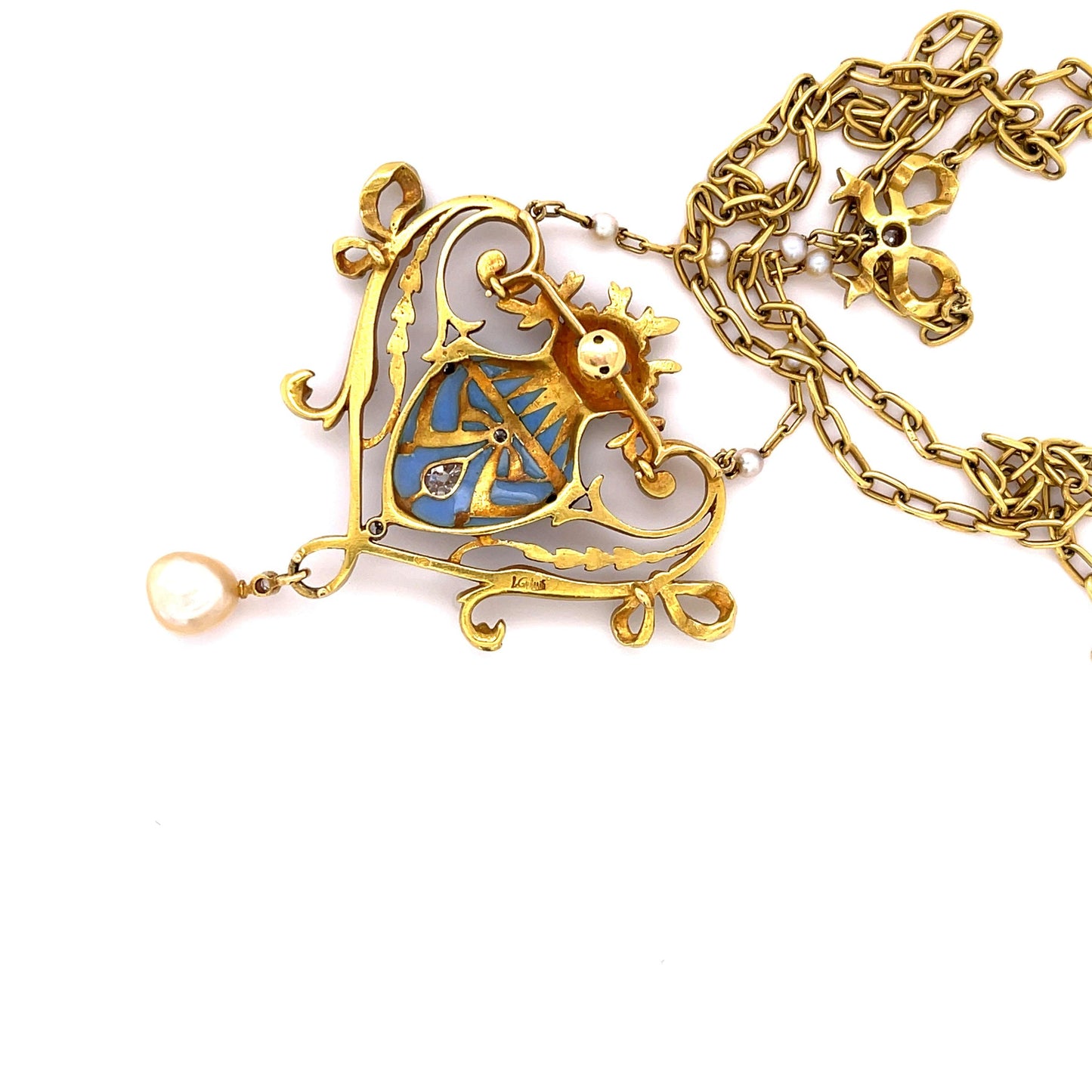 Lucien Gautrait Art Nouveau Plique A Jour Natural Pearl Enamel Diamond Pendant