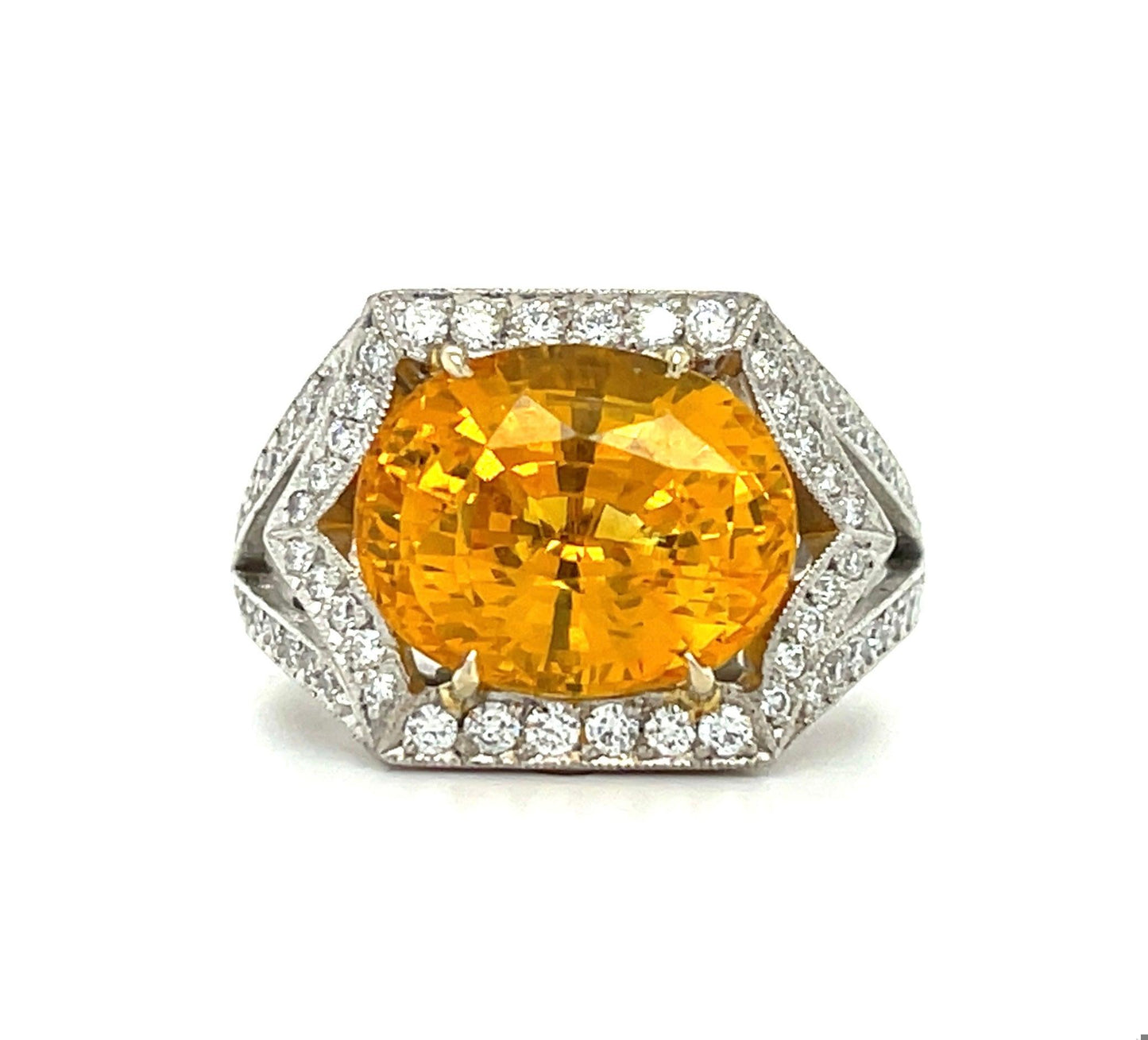 Oval Yellowish Orange Sapphire 8.50 carats | Diamonds .75 carats PT Ring Size 6
