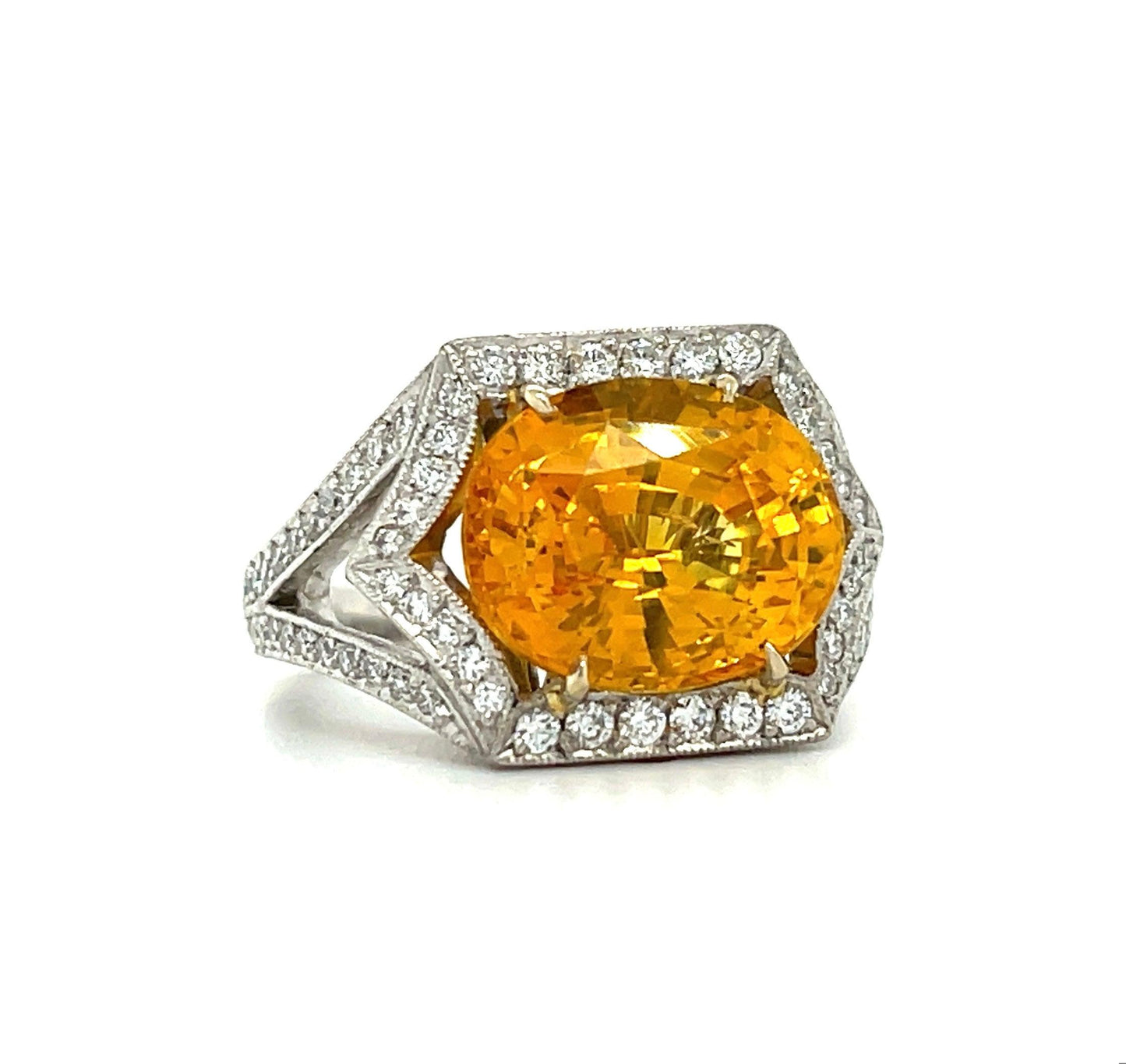 Oval Yellowish Orange Sapphire 8.50 carats | Diamonds .75 carats PT Ring Size 6
