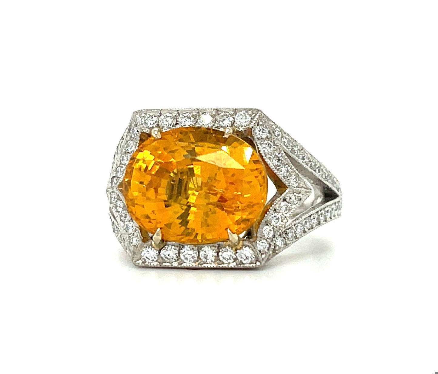 Oval Yellowish Orange Sapphire 8.50 carats | Diamonds .75 carats PT Ring Size 6