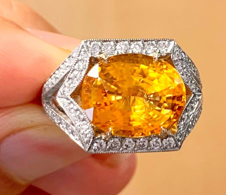 Oval Yellowish Orange Sapphire 8.50 carats | Diamonds .75 carats PT Ring Size 6