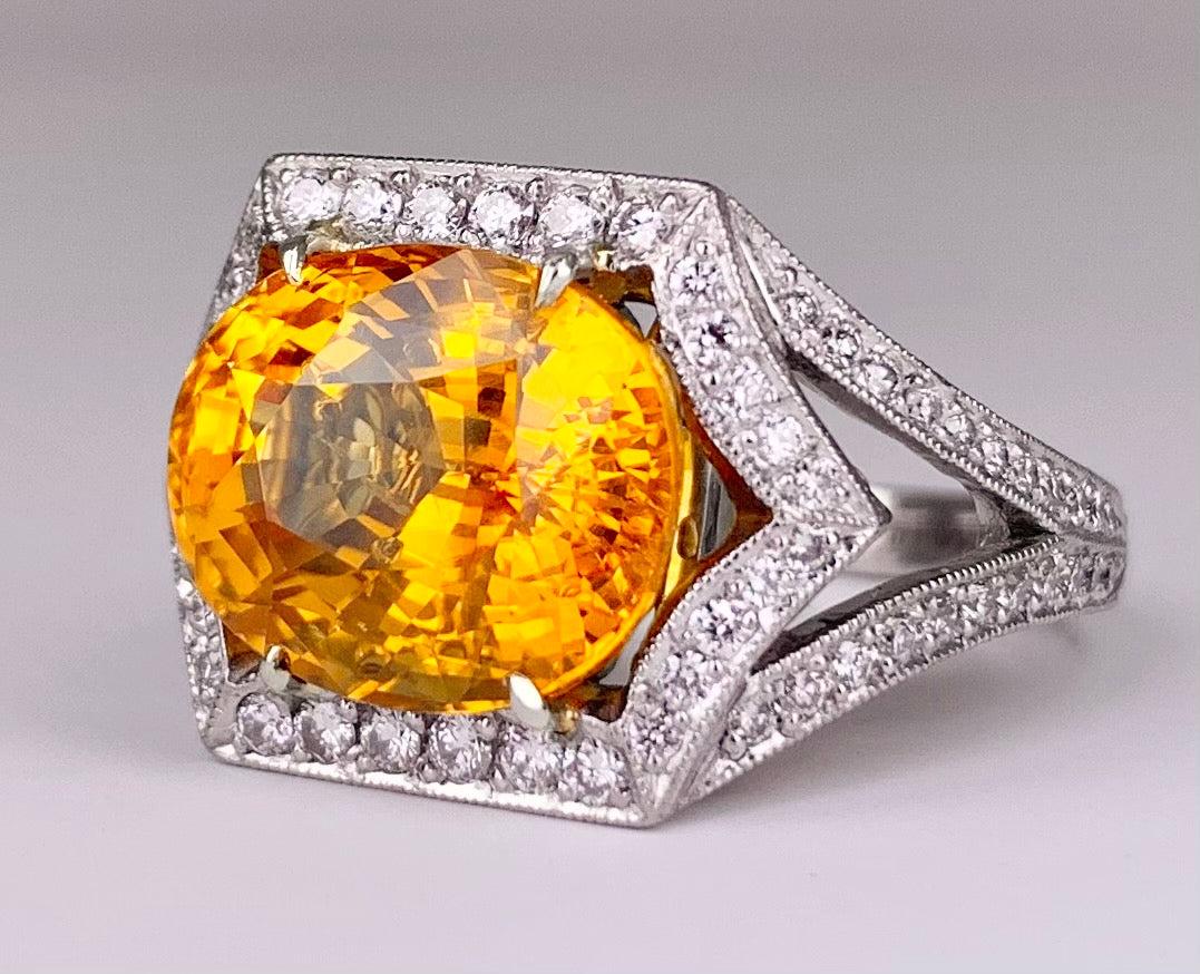 Oval Yellowish Orange Sapphire 8.50 carats | Diamonds .75 carats PT Ring Size 6