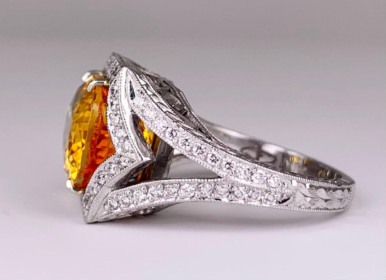 Oval Yellowish Orange Sapphire 8.50 carats | Diamonds .75 carats PT Ring Size 6