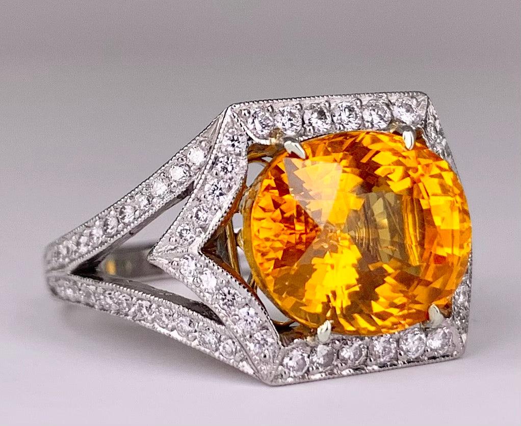 Oval Yellowish Orange Sapphire 8.50 carats | Diamonds .75 carats PT Ring Size 6