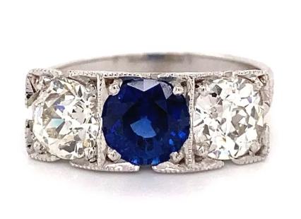 14KW Sapphire I VS1 Diamond Art Deco Ring 1.40ct(sap) 0.97ct(dia) 1.00tw (sd)