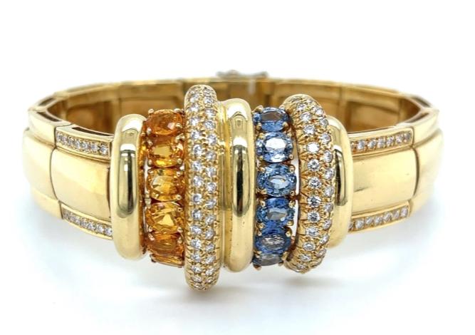 8.50ct Blue and Yellow Sapphire 2.25ct Diamond 18KY Vintage Bangle Bracelet