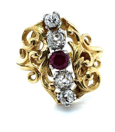 Edwardian .60ct Diamond & .15ctw Ruby 18KY 2 Tone Ring