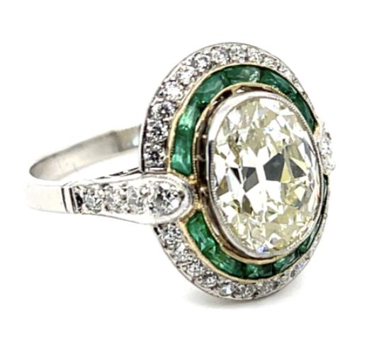 2.70ct Antique Cut Diamond 1.80ct Emerald Platinum Ring