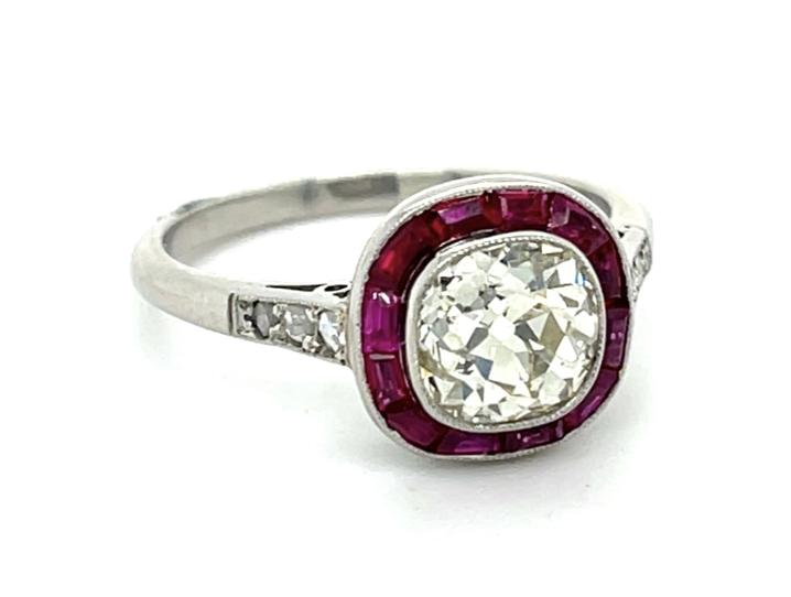 1.44ct Old Mine Cushion Diamond .88ct Ruby Platinum Handmade Ring