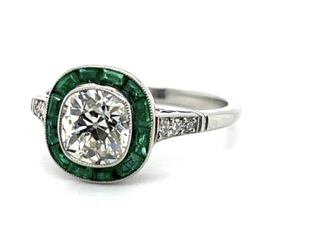 1.18ct Old Cushion Cut Diamond .84ct Emerald Platinum Handmade Ring