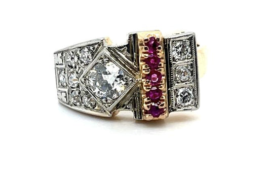 .30ct Center Diamond .16ct Ruby 14K Retro Ring