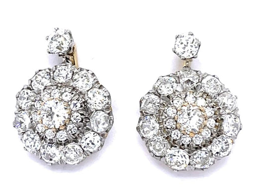 1.65ct (4 Old European Diamonds) PT+18KY Cluster Earrings 5.10ct (46 Diamonds)