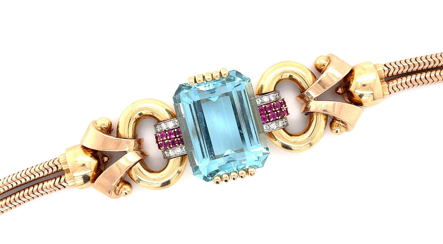 Tiffany & Co. Retro 46ct Aquamarine Bracelet (Vintage 1945) Ruby 14K 2 Tone