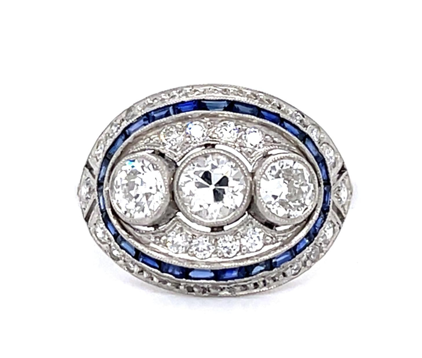 1ct Old European Diamond (3 Stones) .70ct Sap Platinum Handmade Inspired Ring