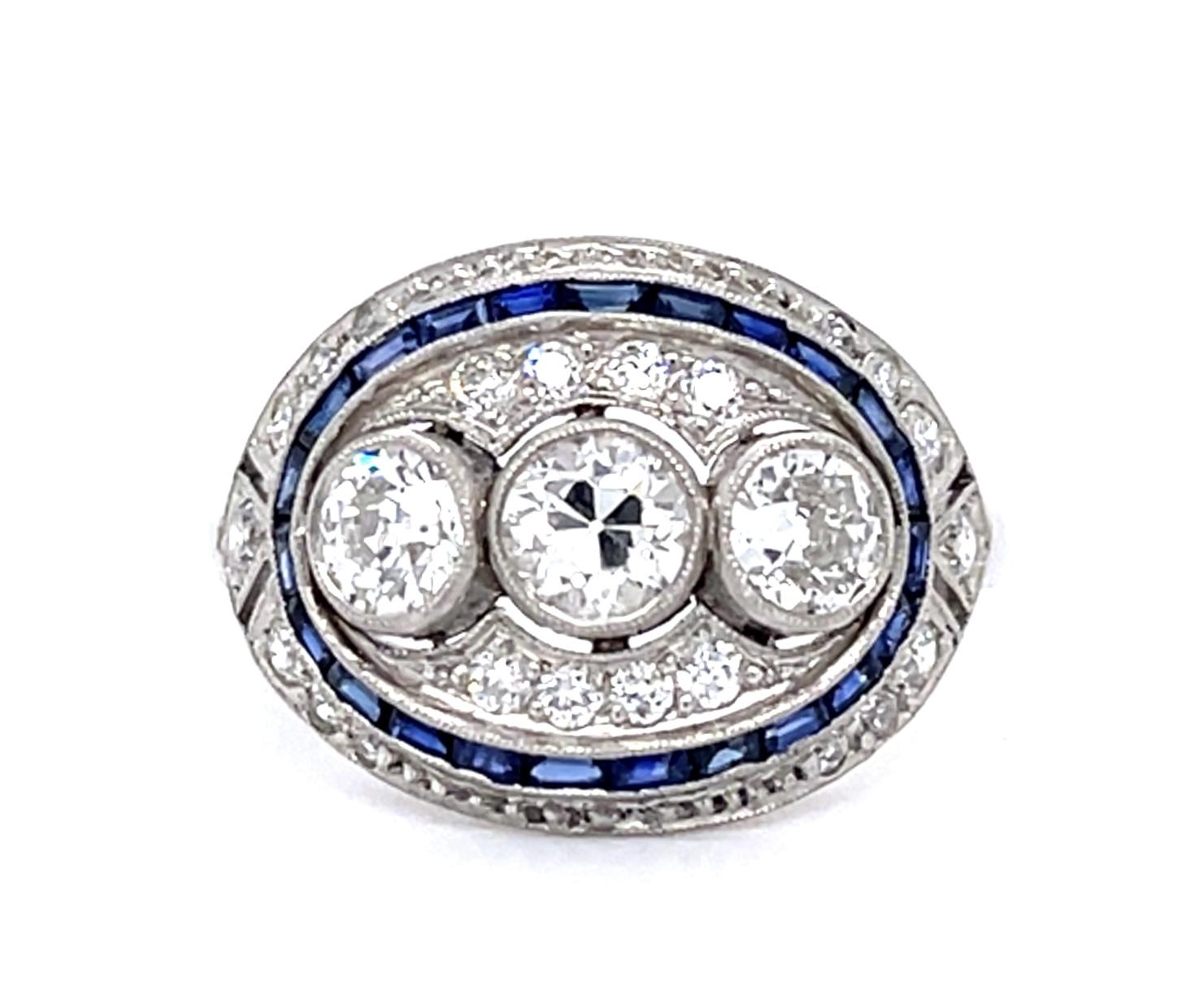 1ct Old European Diamond (3 Stones) .70ct Sap Platinum Handmade Inspired Ring