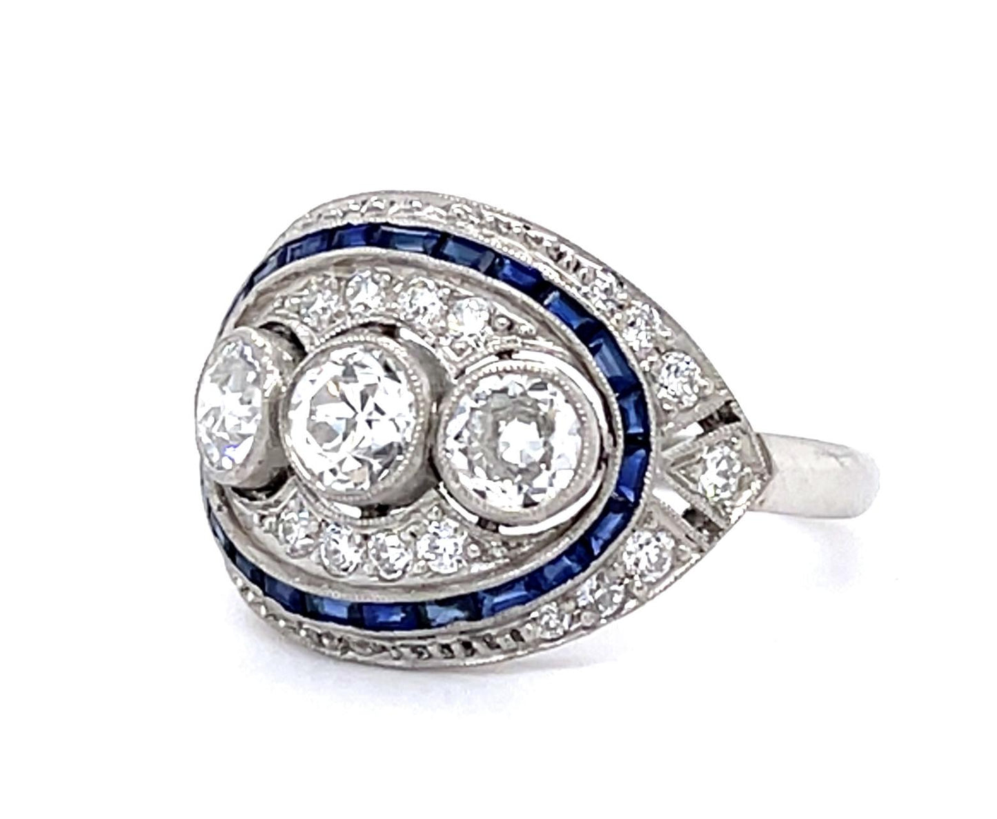 1ct Old European Diamond (3 Stones) .70ct Sap Platinum Handmade Inspired Ring