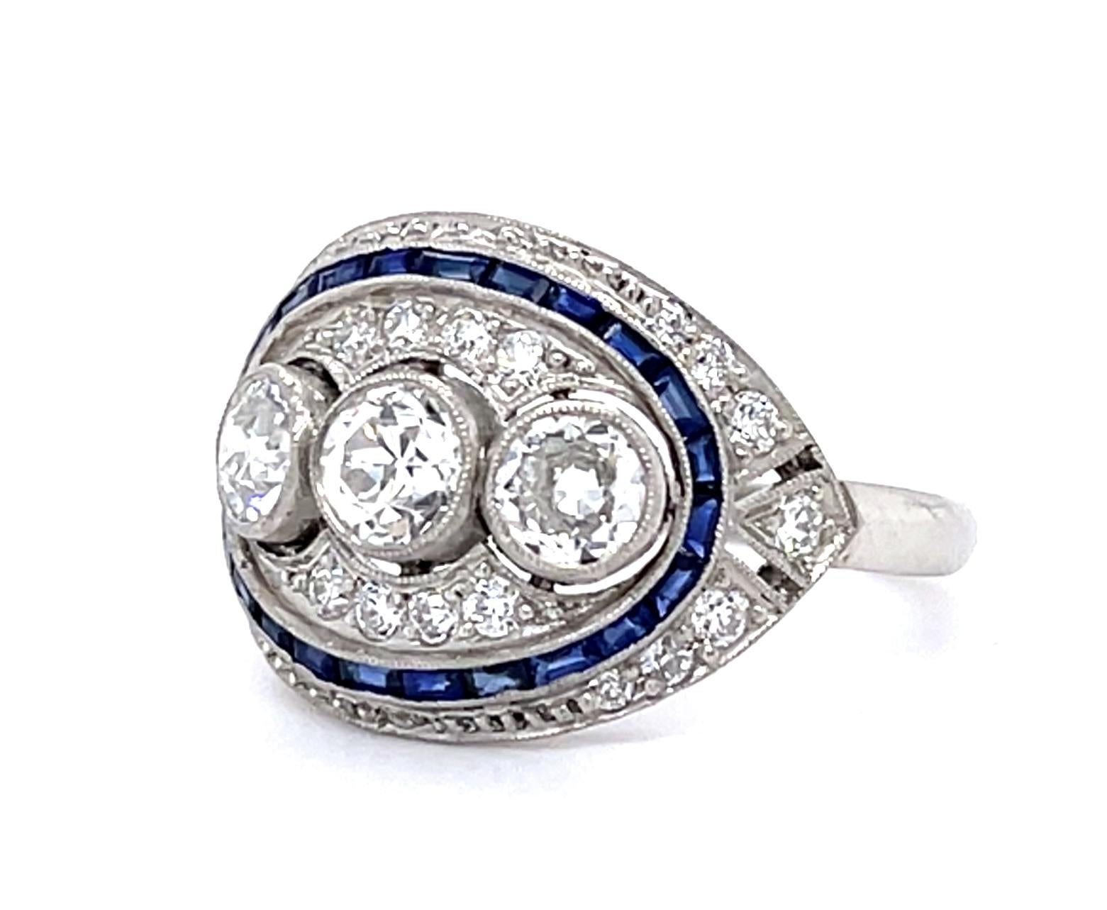 1ct Old European Diamond (3 Stones) .70ct Sap Platinum Handmade Inspired Ring