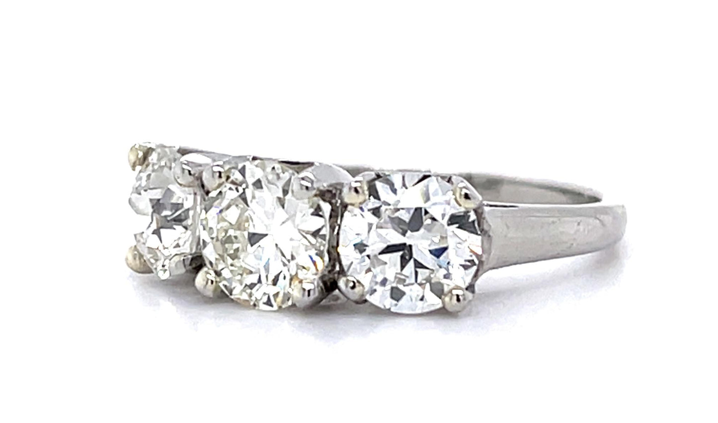 .88ct Old European Diamond 1.55ct SD Platinum Three Stone Ring (Vintage 1930s)