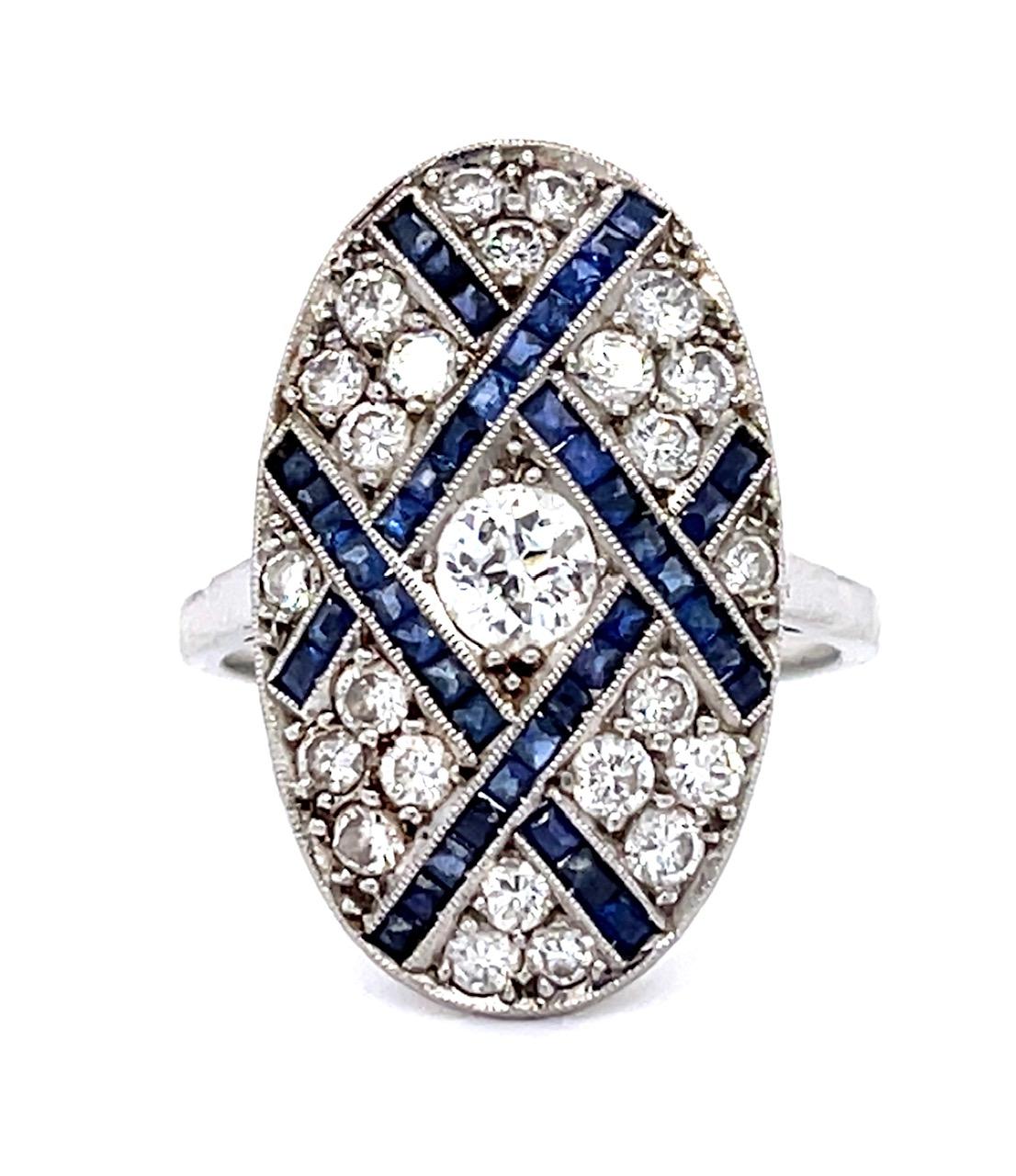 .23ct Old European Center Dia 1.20ct Sapphire Platinum Handmade Inspired Ring