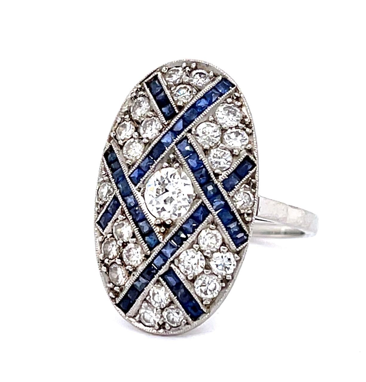 .23ct Old European Center Dia 1.20ct Sapphire Platinum Handmade Inspired Ring