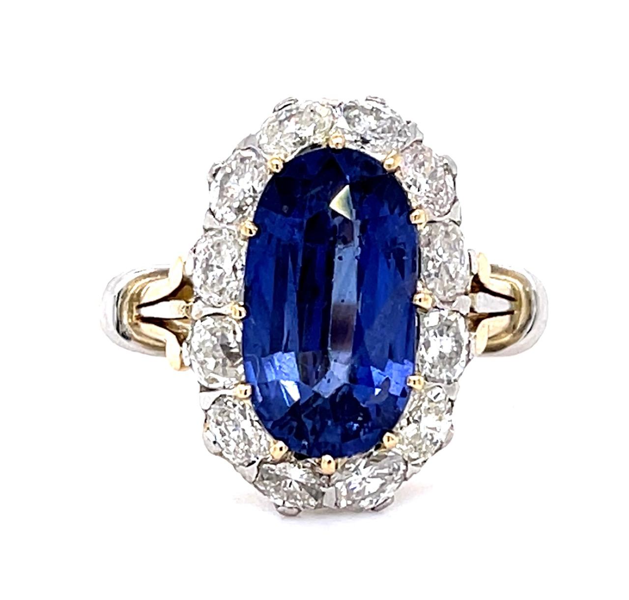 4.14ct Ceylon Heated Sapphire GIA 1.10ct Dia PT+18KY Handmade Inspired Ring